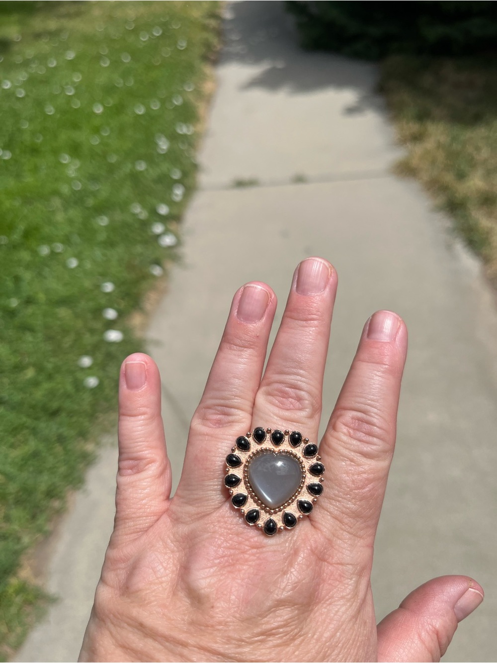 Heart-Shaped Gray Stone Ring with Black Accents - Women Jewelry